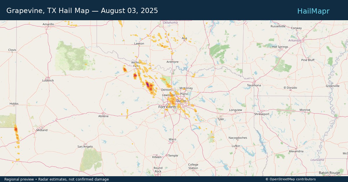 Grapevine, TX Hail Map — August 03, 2025 — regional heatmap and storm polygons
