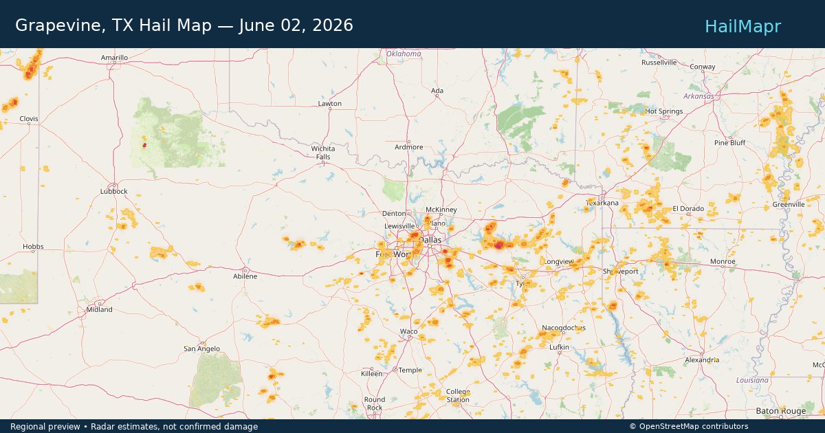 Grapevine, TX — June 02, 2026 — regional hail footprint preview