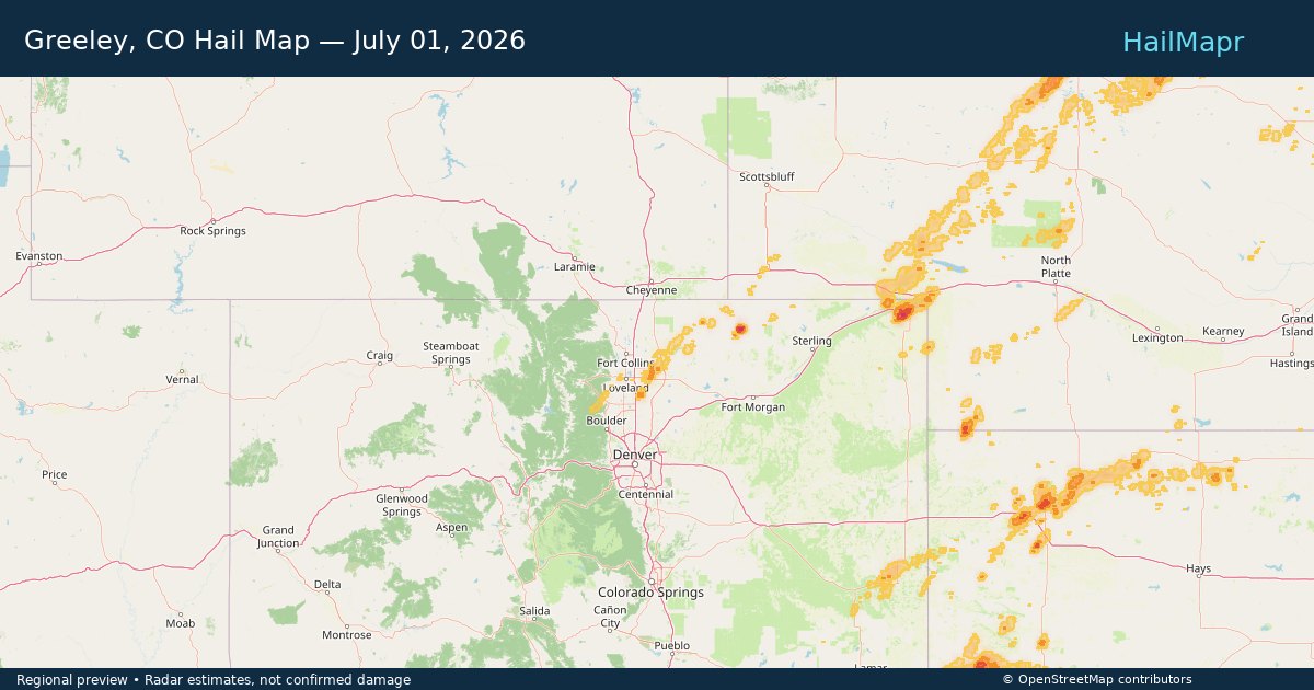 Greeley, CO Hail Map — July 01, 2026 — regional heatmap and storm polygons