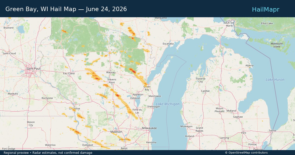 Green Bay, WI Hail Map — June 24, 2026 — regional heatmap and storm polygons