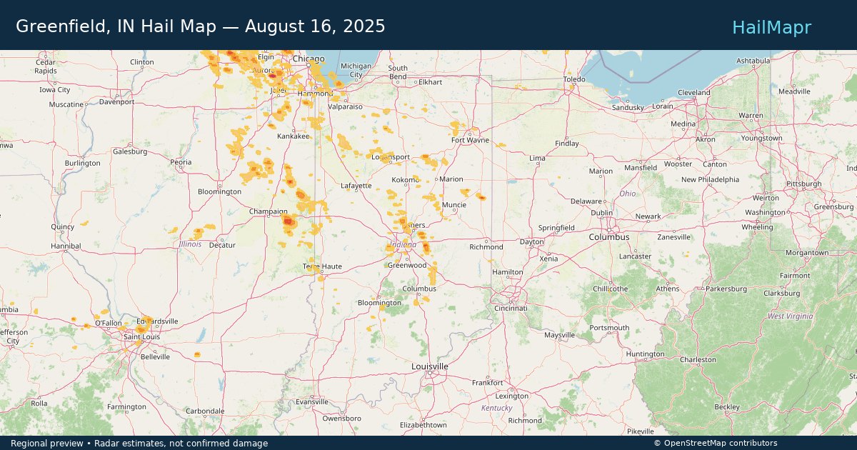 Greenfield, IN Hail Map — August 16, 2025 — regional heatmap and storm polygons