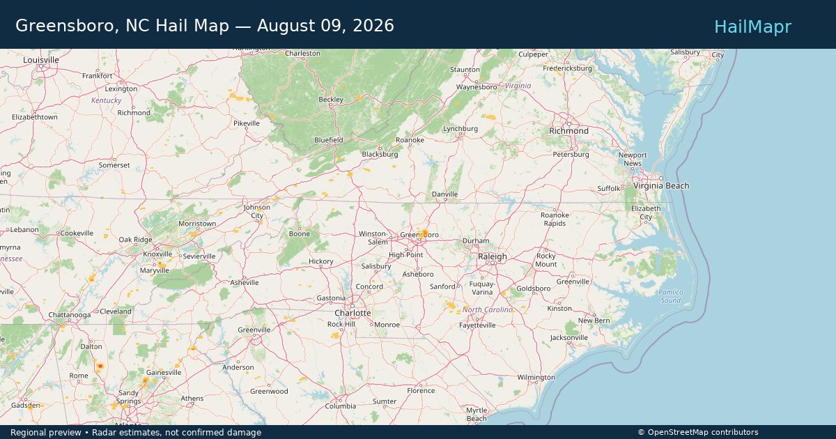Greensboro, NC Hail Map — August 09, 2026 — regional heatmap and storm polygons