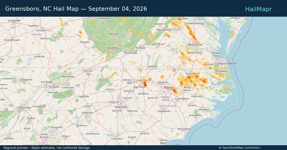 Greensboro, NC Hail Map — September 04, 2026 — regional heatmap and storm polygons