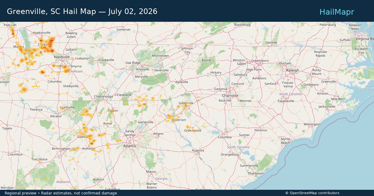 Greenville, SC Hail Map — July 02, 2026 — regional heatmap and storm polygons