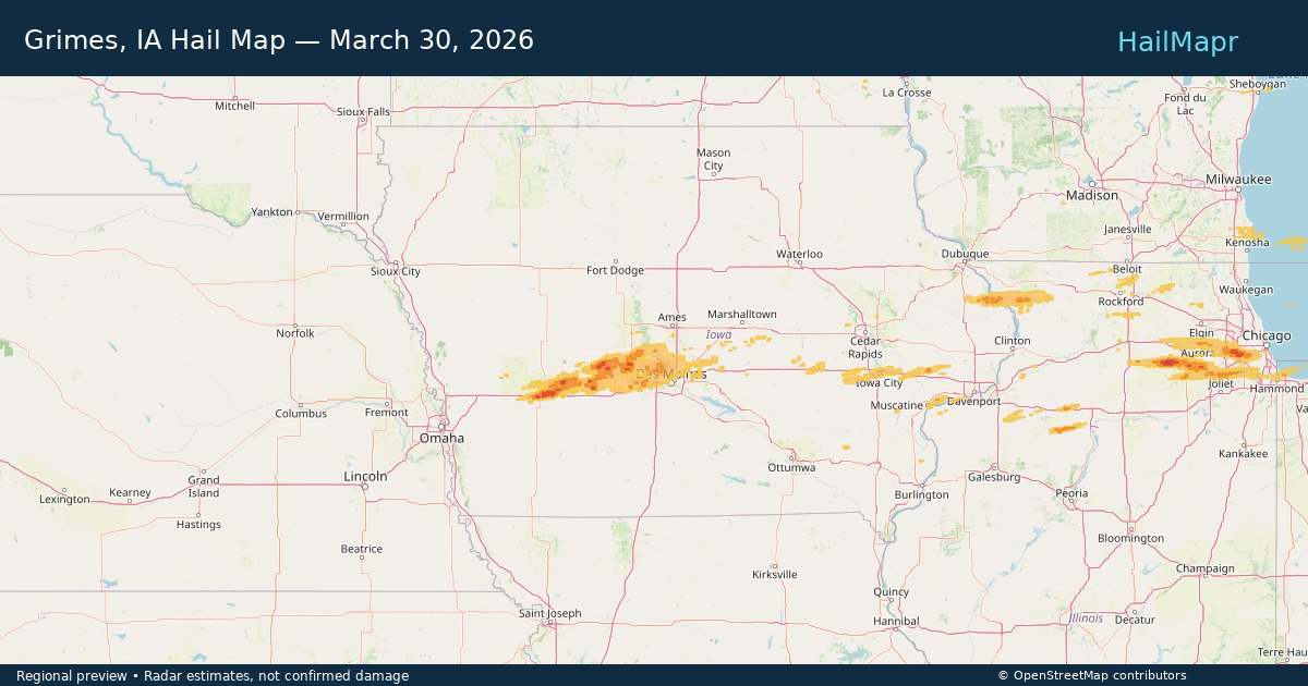 Grimes, IA — March 30, 2026 — regional hail footprint preview