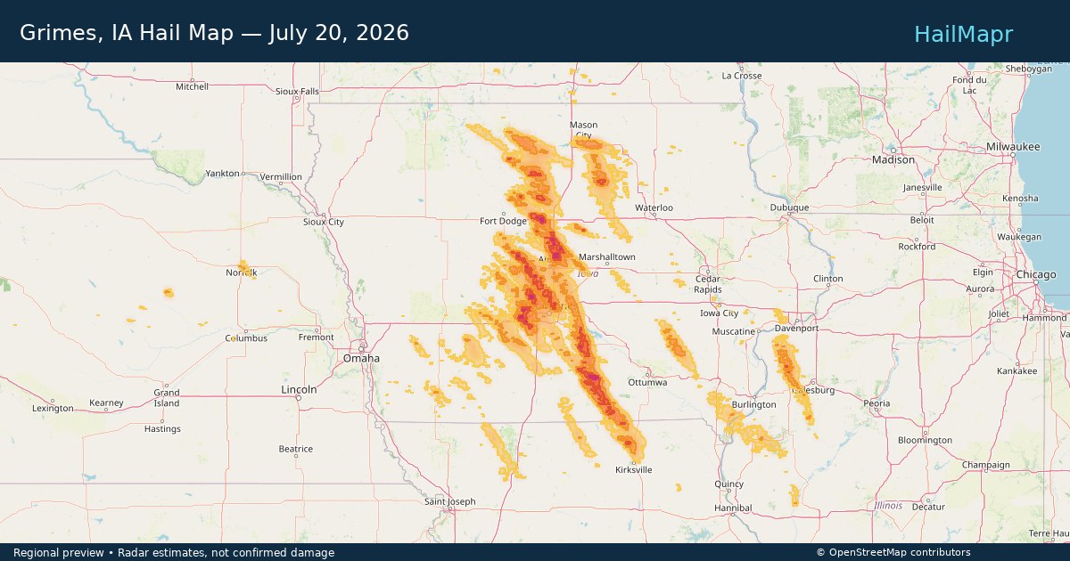 Grimes, IA — July 20, 2026 — regional hail footprint preview