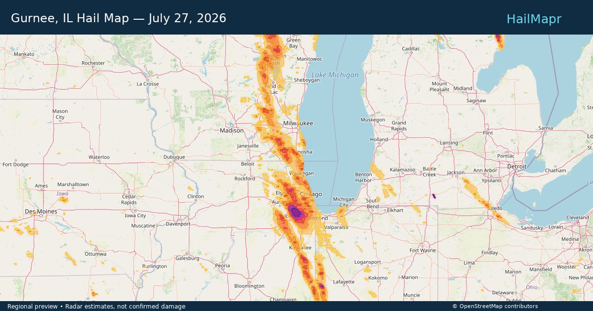 Gurnee, IL Hail Map — July 27, 2026 — regional heatmap and storm polygons