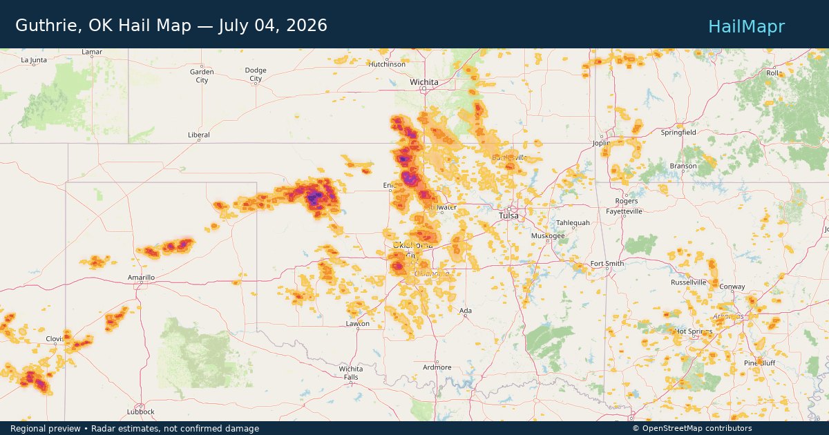 Guthrie, OK Hail Map — July 04, 2026 — regional heatmap and storm polygons
