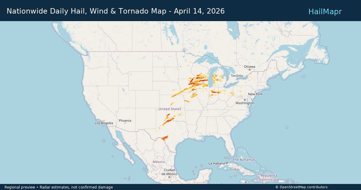 Nationwide Daily Hail, Wind & Tornado Map - April 14, 2026 — regional heatmap and storm polygons