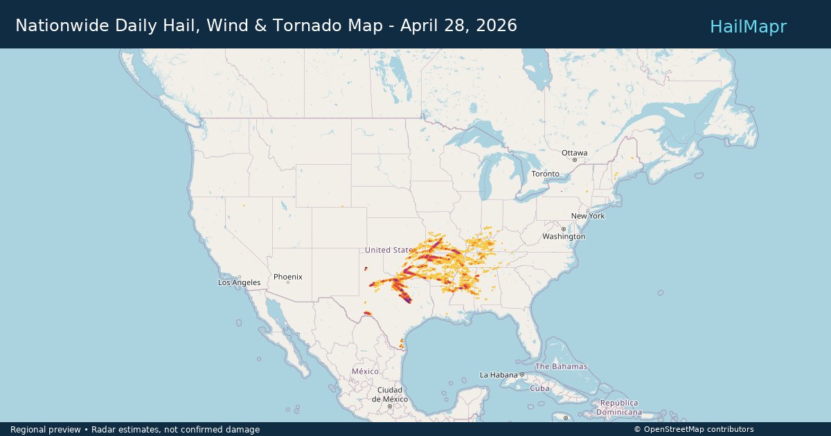 Nationwide Daily Hail, Wind & Tornado Map - April 28, 2026 — regional heatmap and storm polygons