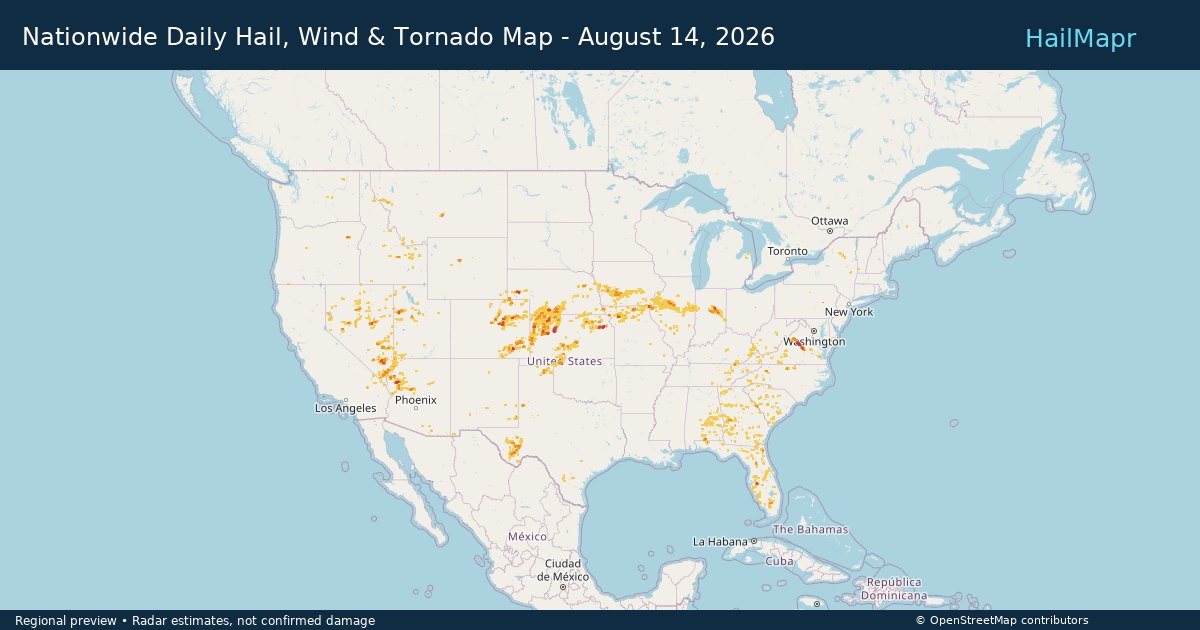 Nationwide Daily Hail, Wind & Tornado Map - August 14, 2026 — regional heatmap and storm polygons