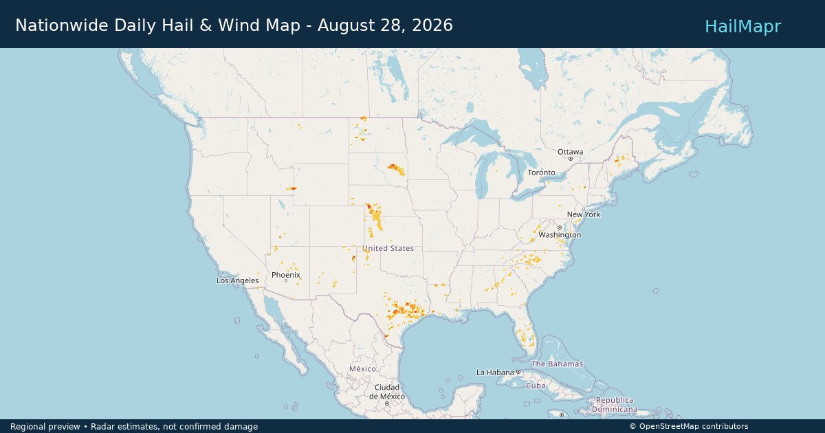 Nationwide Daily Hail & Wind Map - August 28, 2026 — regional heatmap and storm polygons