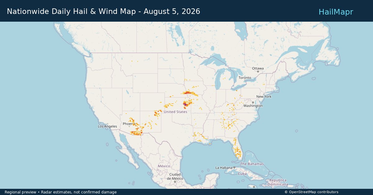 Nationwide Daily Hail & Wind Map - August 5, 2026 — regional heatmap and storm polygons