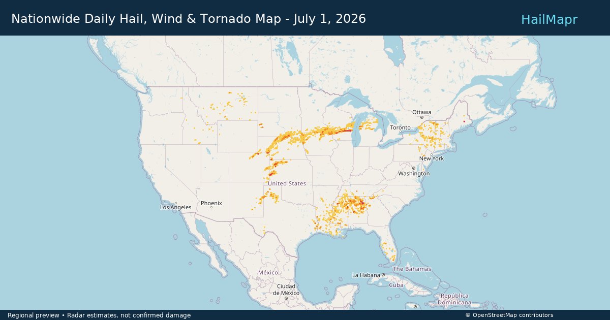 Nationwide Daily Hail, Wind & Tornado Map - July 1, 2026 — regional heatmap and storm polygons