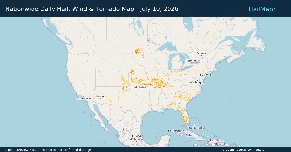 Nationwide Daily Hail, Wind & Tornado Map - July 10, 2026 — regional heatmap and storm polygons