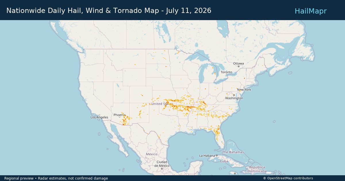 Nationwide Daily Hail, Wind & Tornado Map - July 11, 2026 — regional heatmap and storm polygons