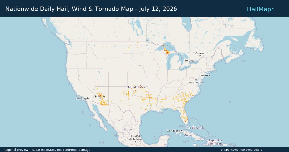 Nationwide Daily Hail, Wind & Tornado Map - July 12, 2026 — regional heatmap and storm polygons