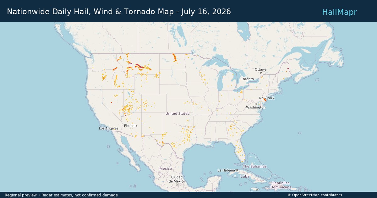 Nationwide Daily Hail, Wind & Tornado Map - July 16, 2026 — regional heatmap and storm polygons