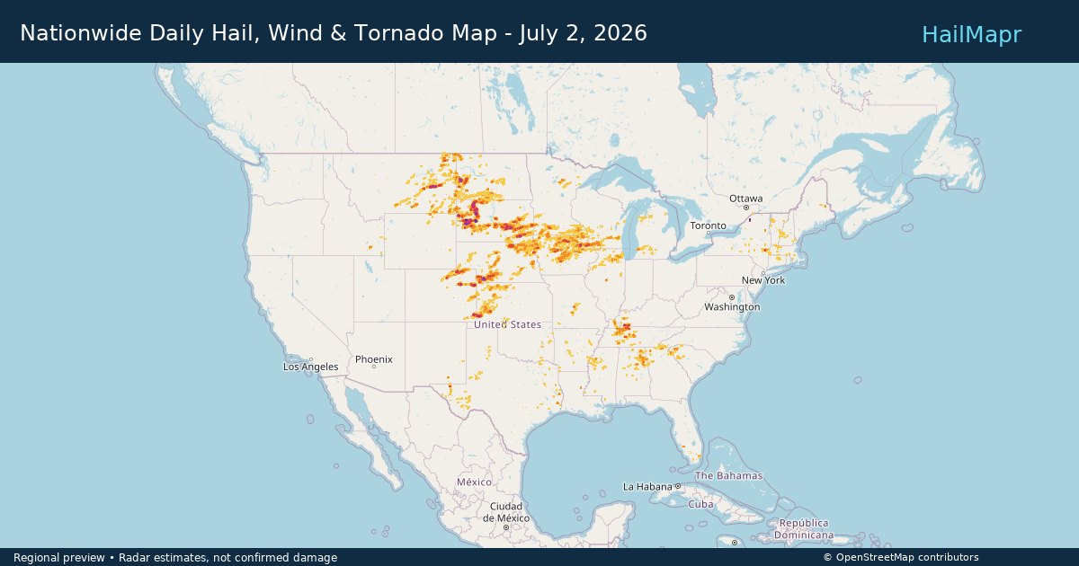 Nationwide Daily Hail, Wind & Tornado Map - July 2, 2026 — regional heatmap and storm polygons