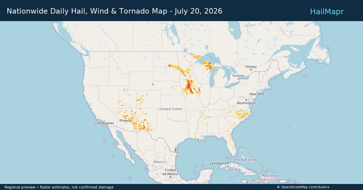 Nationwide Daily Hail, Wind & Tornado Map - July 20, 2026 — regional heatmap and storm polygons