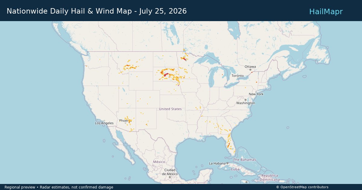 Nationwide Daily Hail & Wind Map - July 25, 2026 — regional heatmap and storm polygons