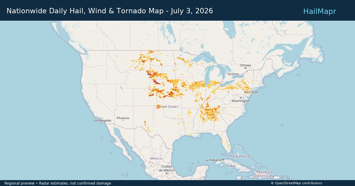 Nationwide Daily Hail, Wind & Tornado Map - July 3, 2026 — regional heatmap and storm polygons