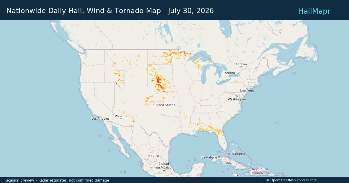 Nationwide Daily Hail, Wind & Tornado Map - July 30, 2026 — regional heatmap and storm polygons