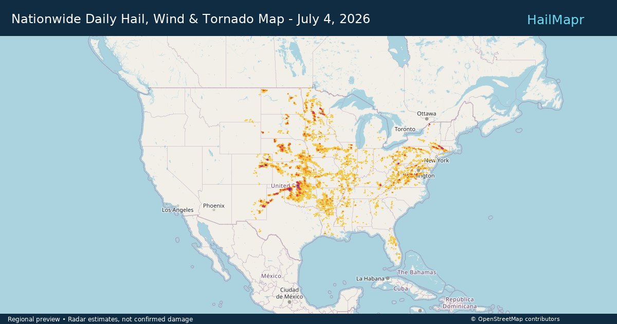 Nationwide Daily Hail, Wind & Tornado Map - July 4, 2026 — regional heatmap and storm polygons