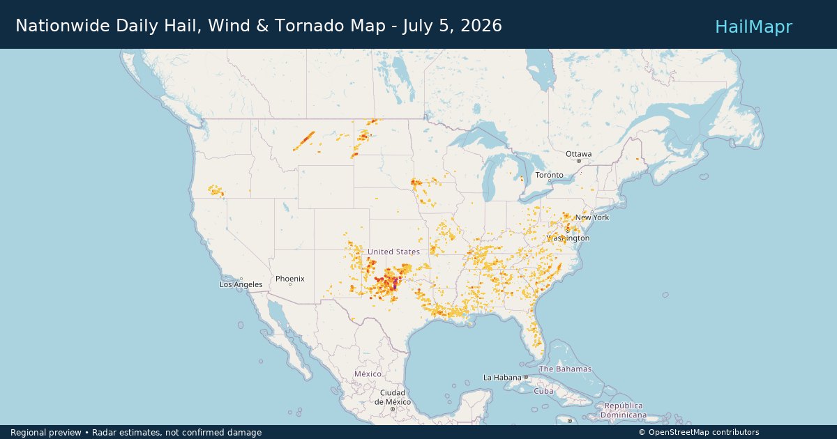Nationwide Daily Hail, Wind & Tornado Map - July 5, 2026 — regional heatmap and storm polygons