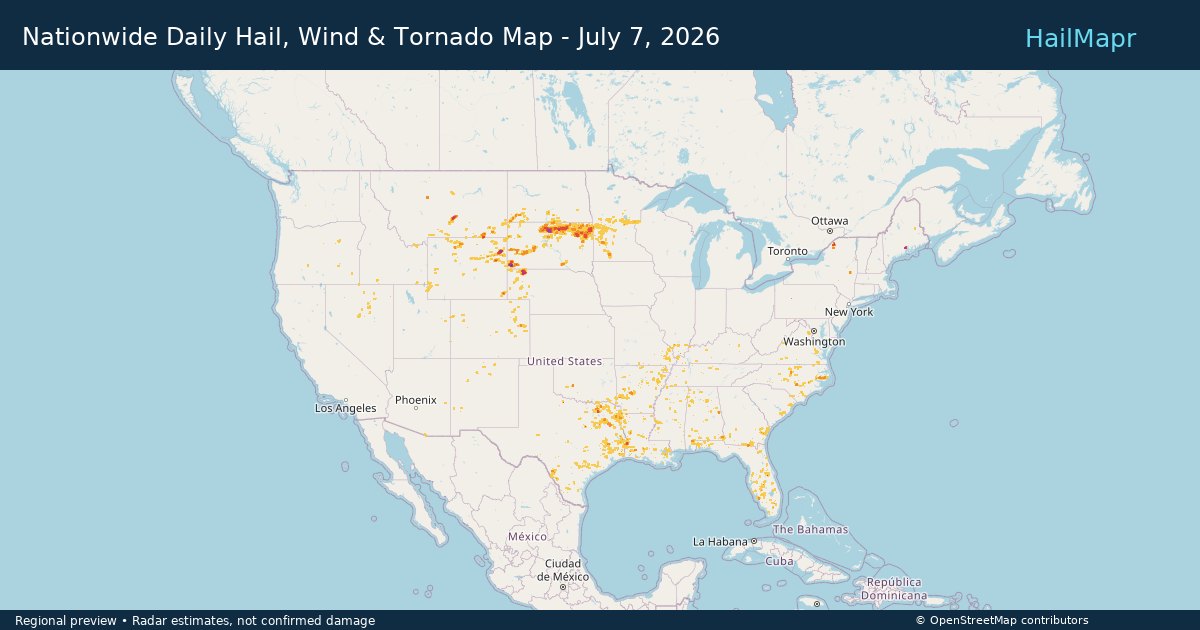 Nationwide Daily Hail, Wind & Tornado Map - July 7, 2026 — regional heatmap and storm polygons