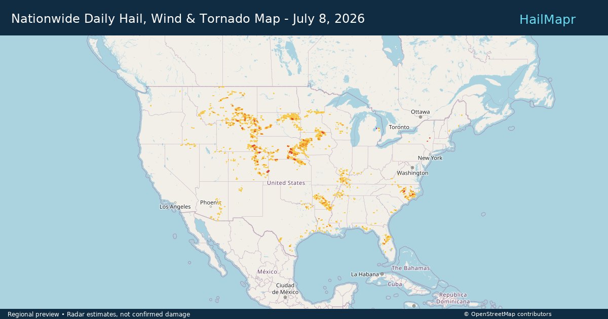Nationwide Daily Hail, Wind & Tornado Map - July 8, 2026 — regional heatmap and storm polygons