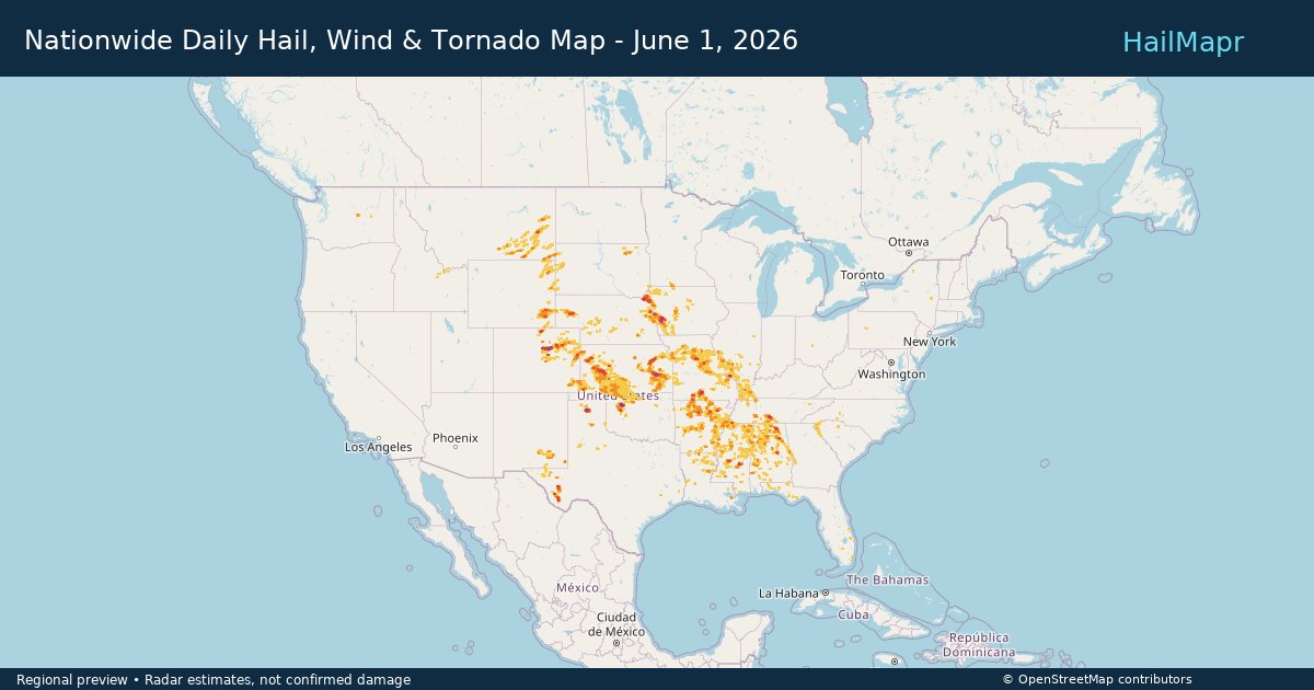 Nationwide Daily Hail, Wind & Tornado Map - June 1, 2026 — regional heatmap and storm polygons