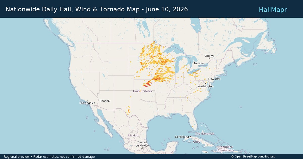 Nationwide Daily Hail, Wind & Tornado Map - June 10, 2026 — regional heatmap and storm polygons