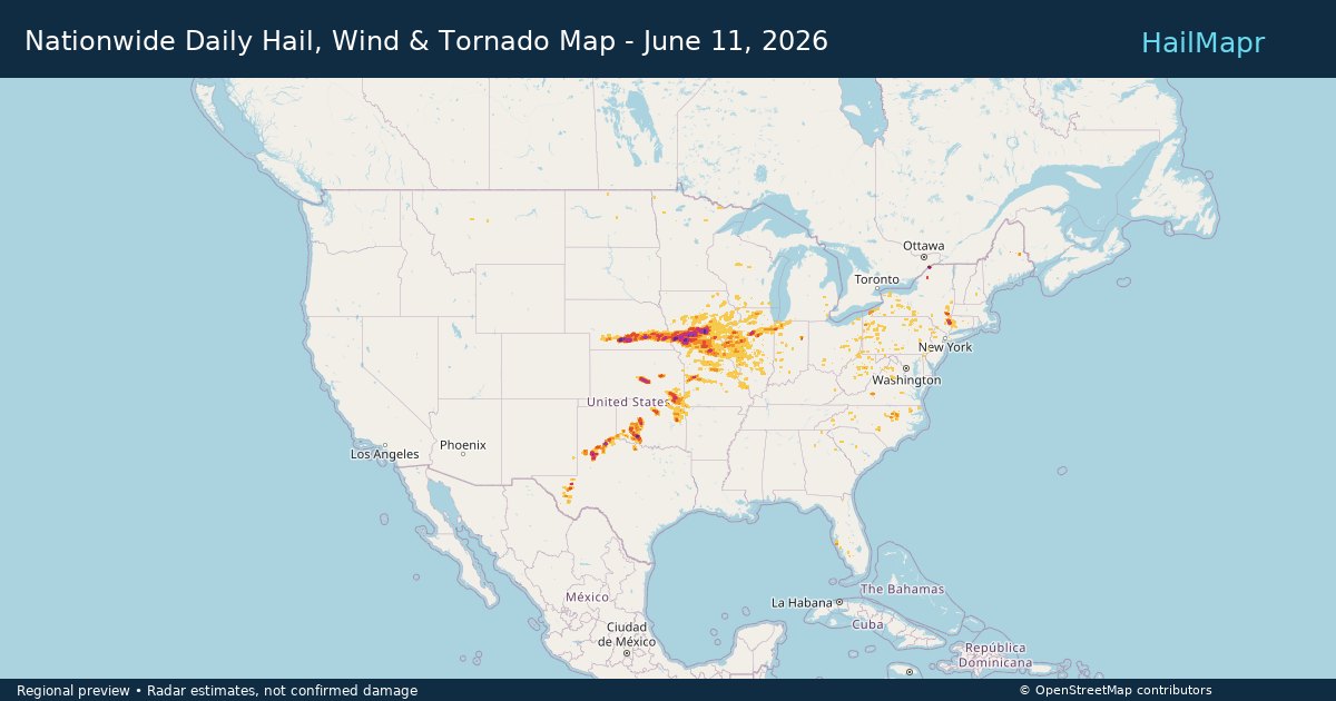 Nationwide Daily Hail, Wind & Tornado Map - June 11, 2026 — regional heatmap and storm polygons