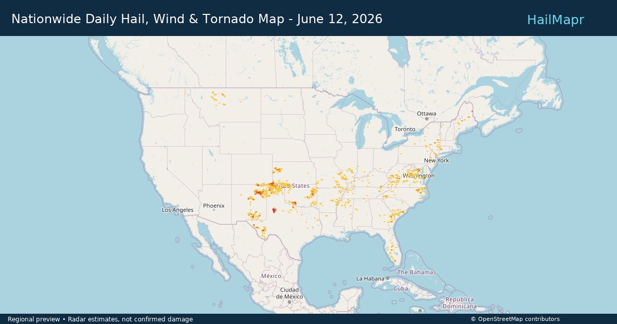 Nationwide Daily Hail, Wind & Tornado Map - June 12, 2026 — regional heatmap and storm polygons