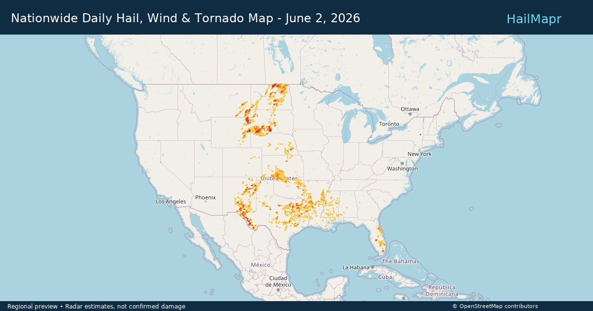 Nationwide Daily Hail, Wind & Tornado Map - June 2, 2026 — regional heatmap and storm polygons