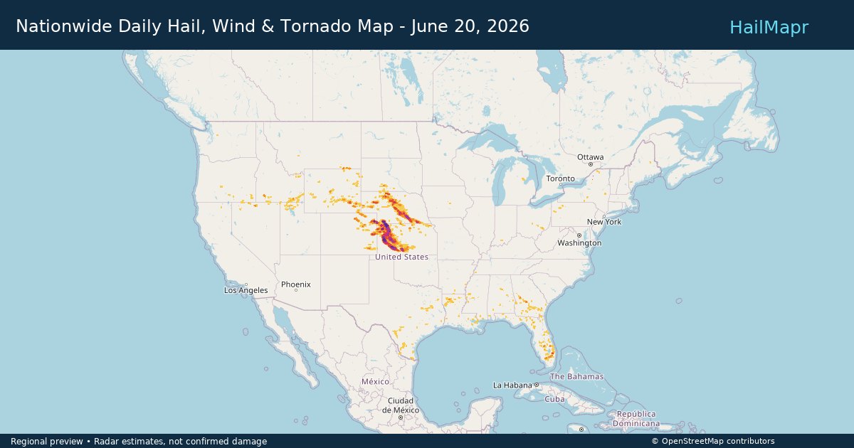 Nationwide Daily Hail, Wind & Tornado Map - June 20, 2026 — regional heatmap and storm polygons