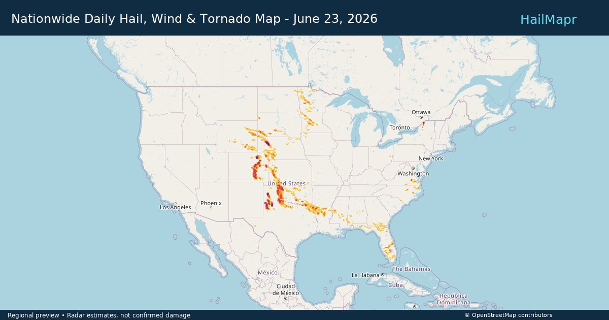 Nationwide Daily Hail, Wind & Tornado Map - June 23, 2026 — regional heatmap and storm polygons