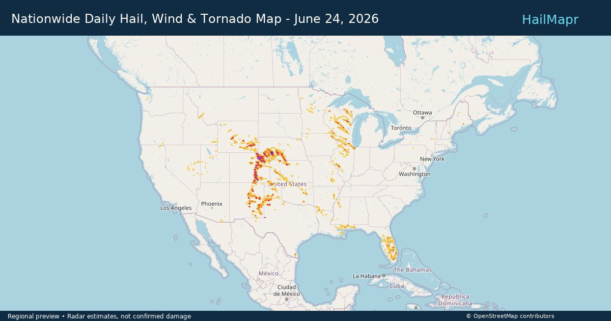 Nationwide Daily Hail, Wind & Tornado Map - June 24, 2026 — regional heatmap and storm polygons