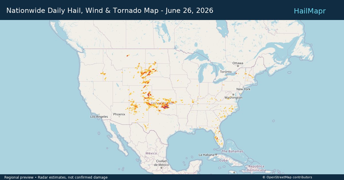 Nationwide Daily Hail, Wind & Tornado Map - June 26, 2026 — regional heatmap and storm polygons