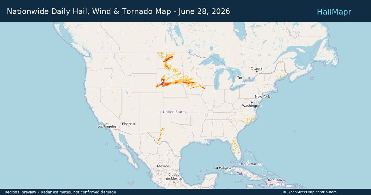 Nationwide Daily Hail, Wind & Tornado Map - June 28, 2026 — regional heatmap and storm polygons