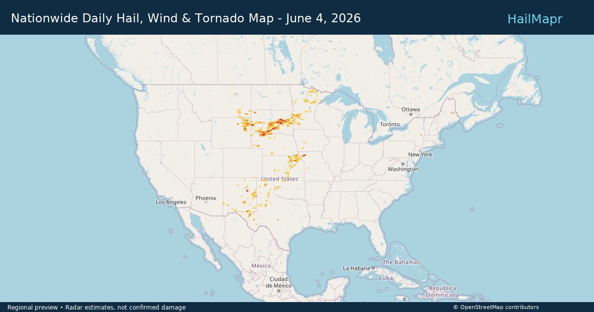 Nationwide Daily Hail, Wind & Tornado Map - June 4, 2026 — regional heatmap and storm polygons
