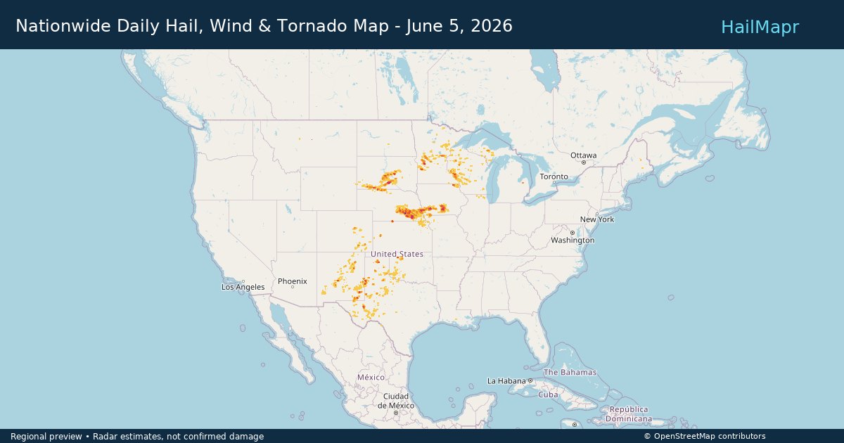 Nationwide Daily Hail, Wind & Tornado Map - June 5, 2026 — regional heatmap and storm polygons