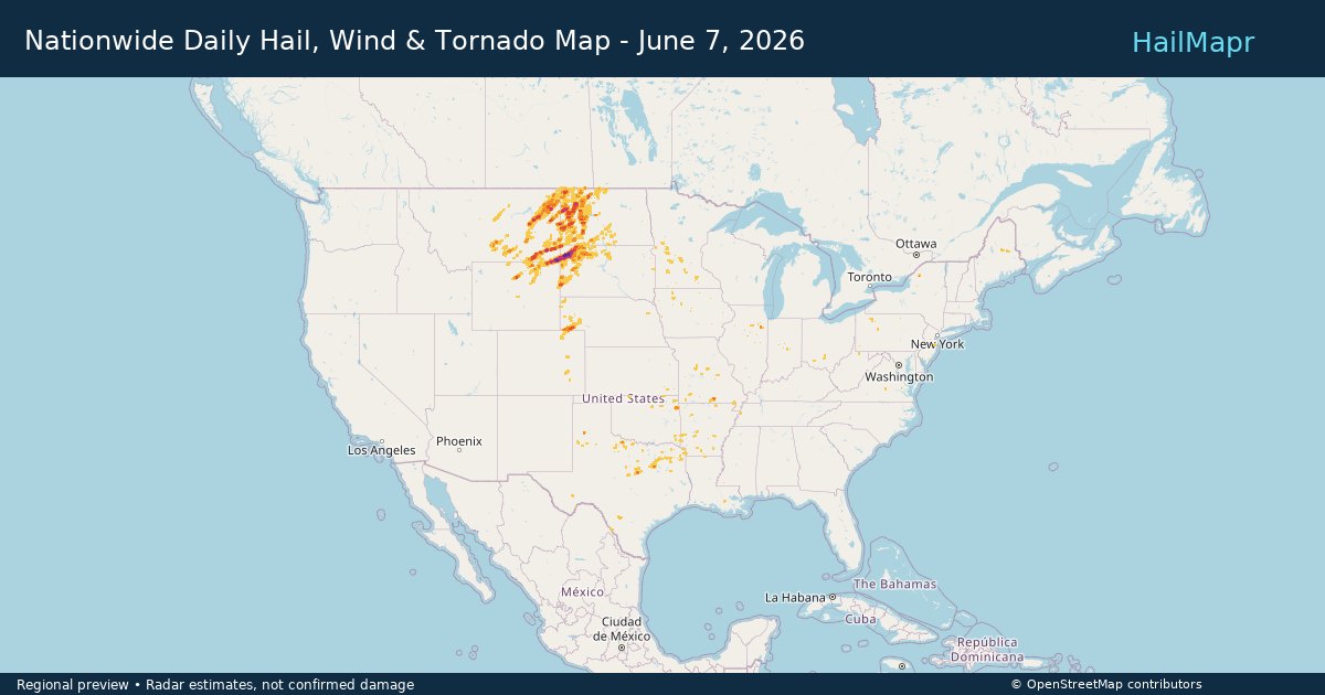 Nationwide Daily Hail, Wind & Tornado Map - June 7, 2026 — regional heatmap and storm polygons
