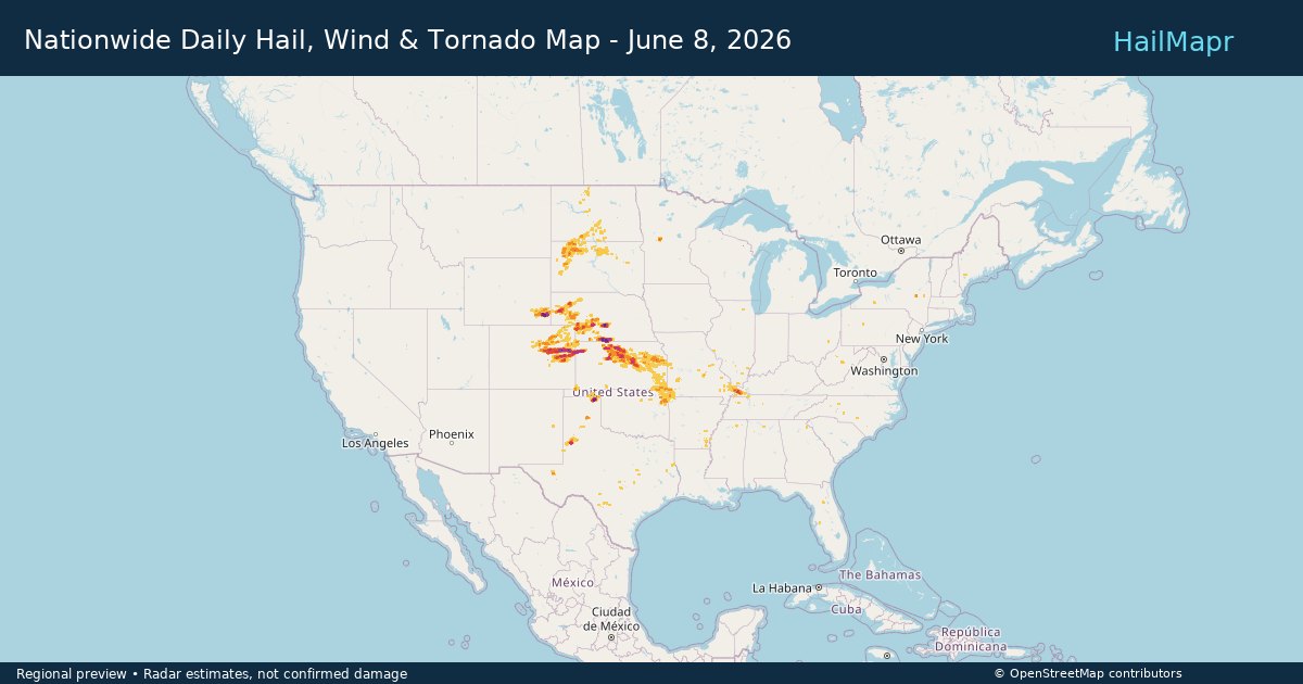 Nationwide Daily Hail, Wind & Tornado Map - June 8, 2026 — regional heatmap and storm polygons