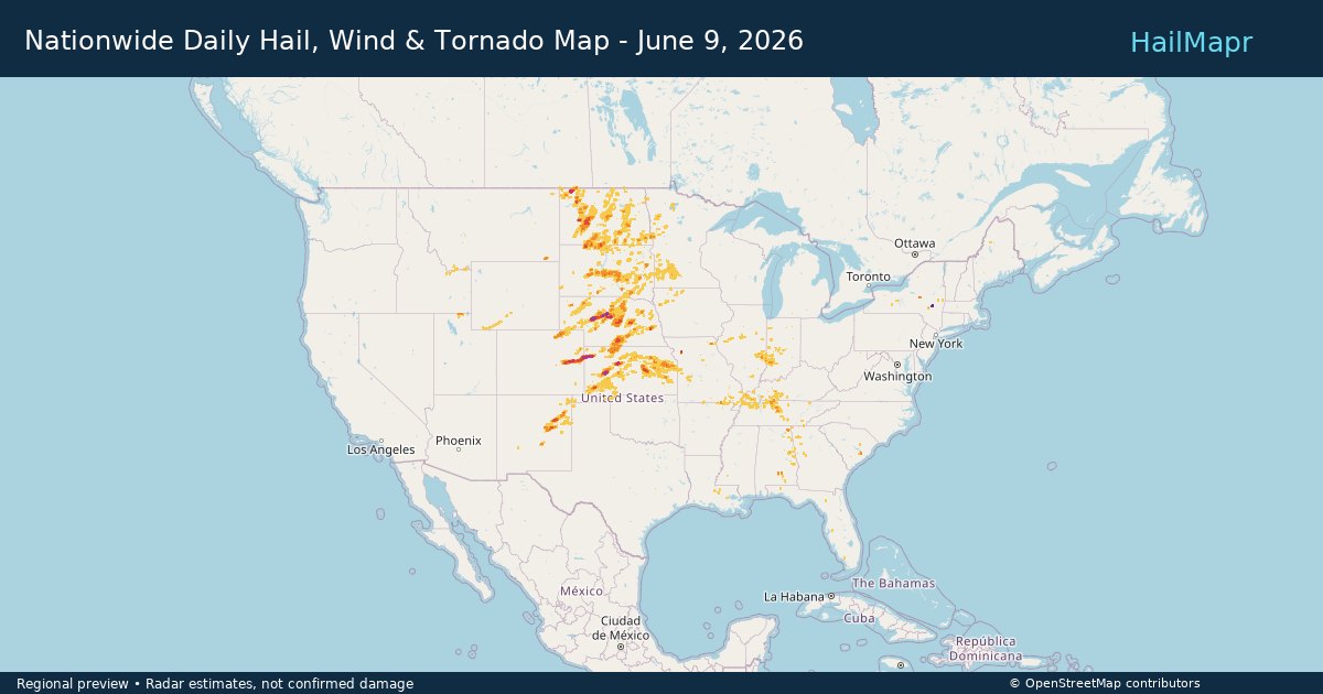 Nationwide Daily Hail, Wind & Tornado Map - June 9, 2026 — regional heatmap and storm polygons
