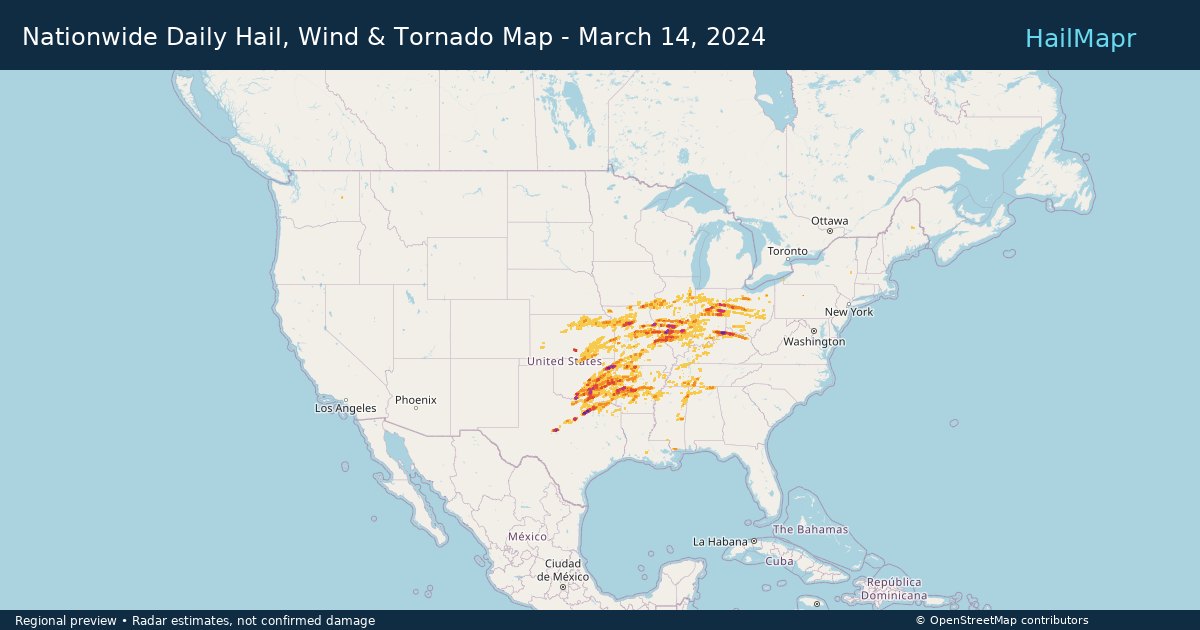 Nationwide Daily Hail, Wind & Tornado Map - March 14, 2024 — regional heatmap and storm polygons