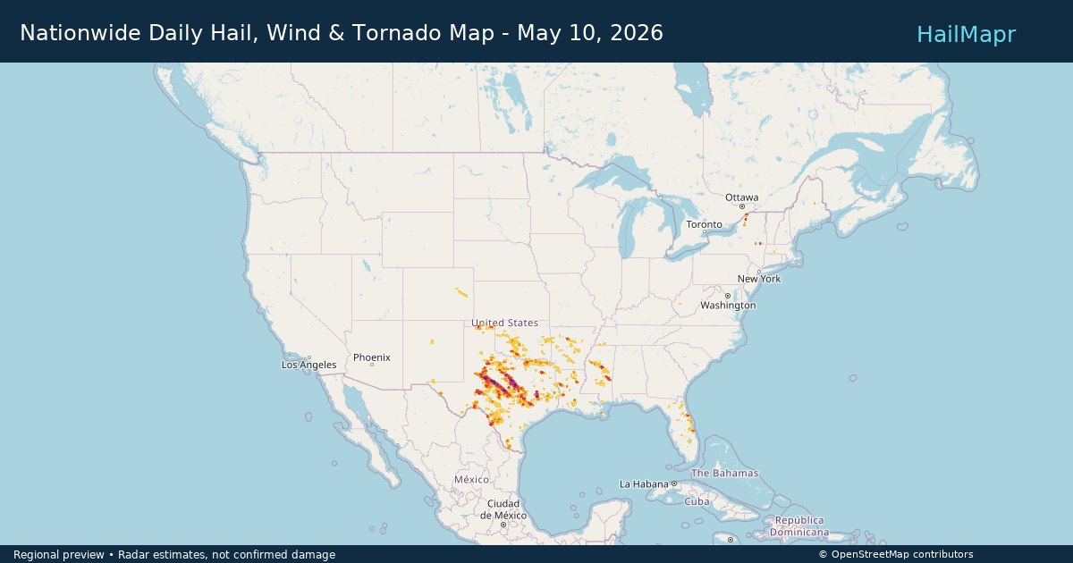 Nationwide Daily Hail, Wind & Tornado Map - May 10, 2026 — regional heatmap and storm polygons