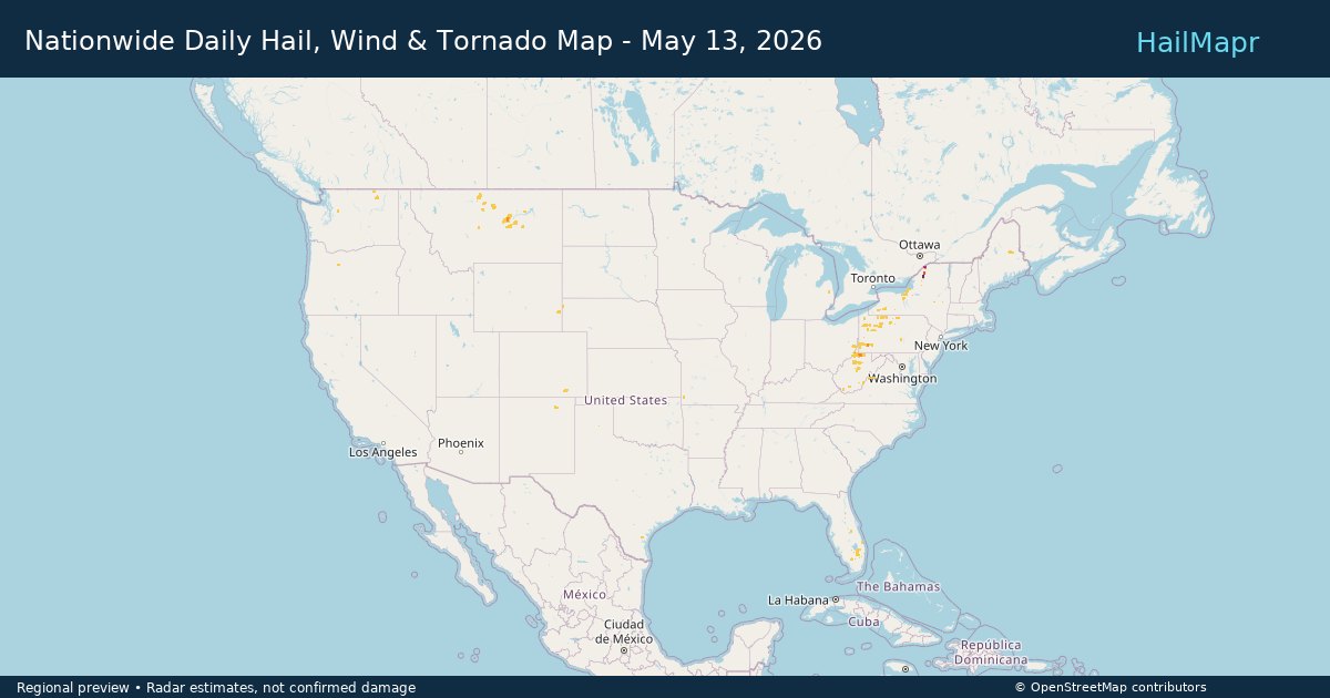 Nationwide Daily Hail, Wind & Tornado Map - May 13, 2026 — regional heatmap and storm polygons