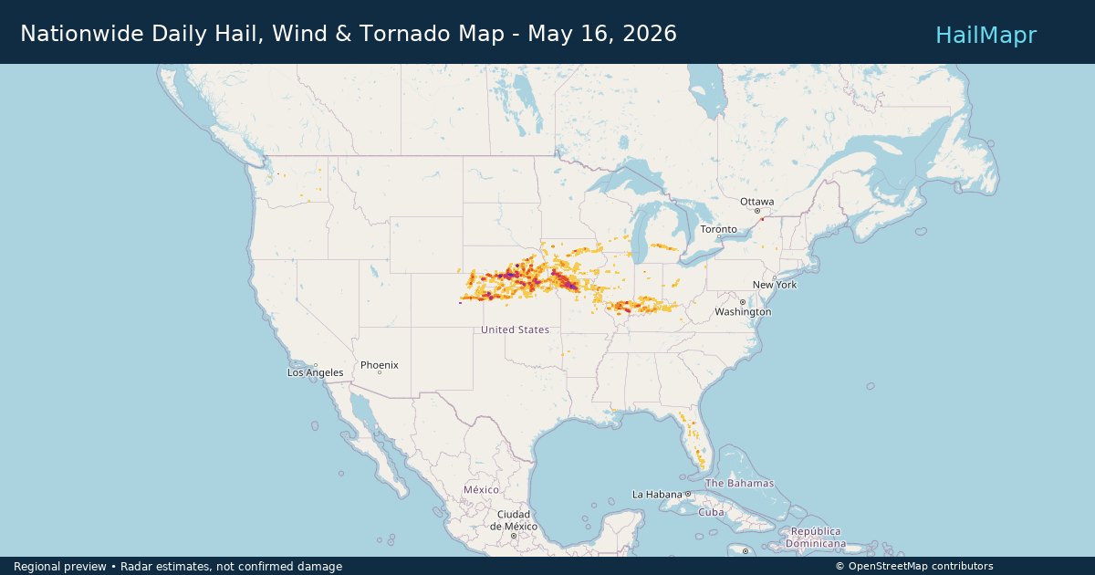 Nationwide Daily Hail, Wind & Tornado Map - May 16, 2026 — regional heatmap and storm polygons